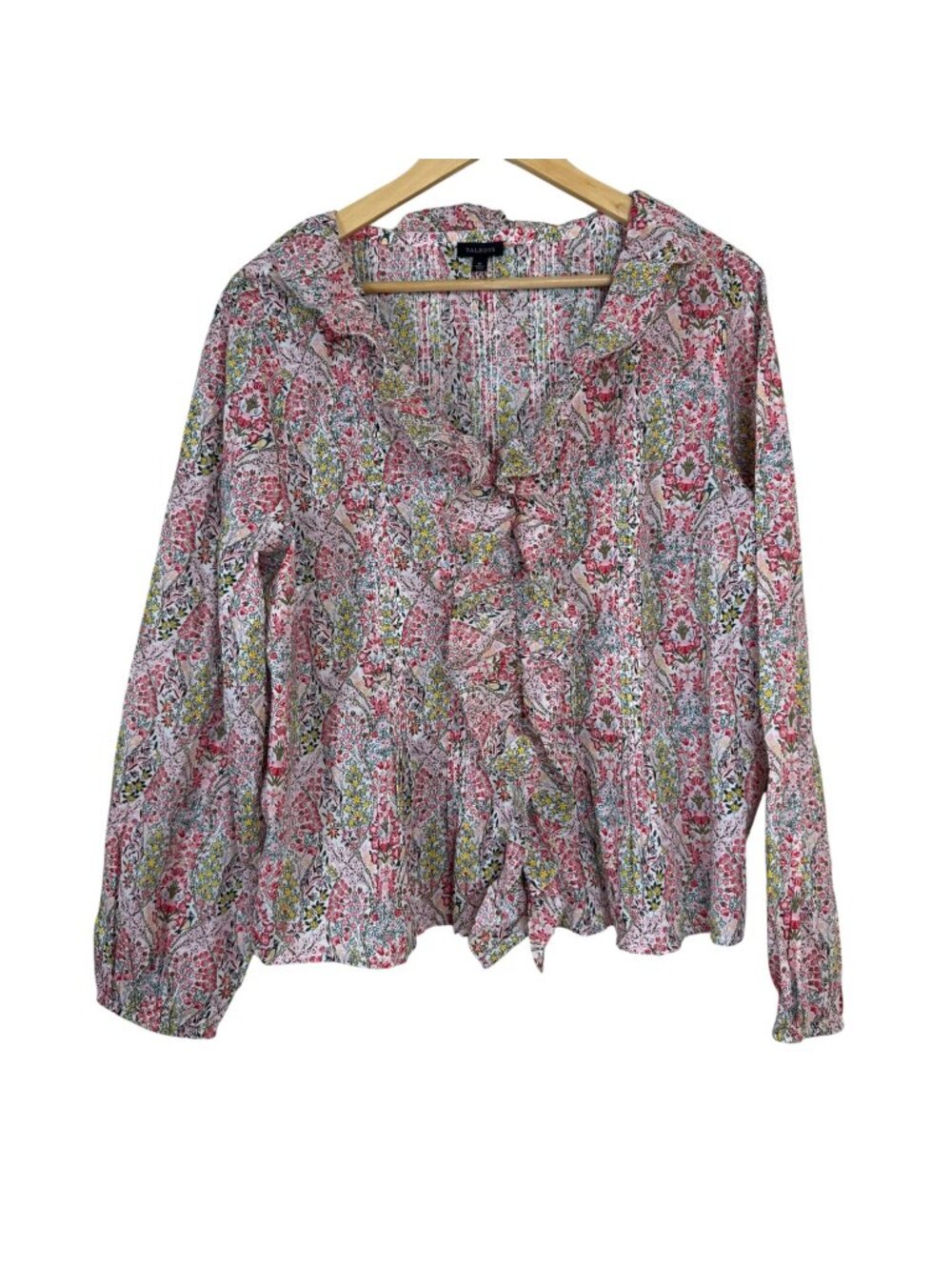 Talbots Floral Blouse Size XL Ruffles Tuxedo Pleats Multicolor Cotton Peasant